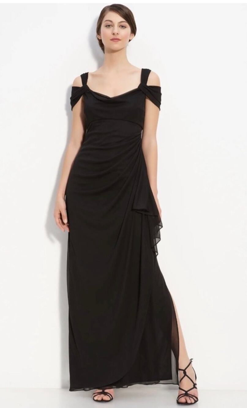 Alex Evenings Dress SZ 14 NWT Black Glitter Cold Shoulder Gown NWT Draped Formal